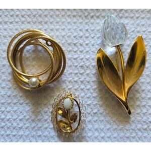 14K Lucerne Karen Lynne Floral Tulip Pearl Accent  Gold Tone Brooch Pin Lot